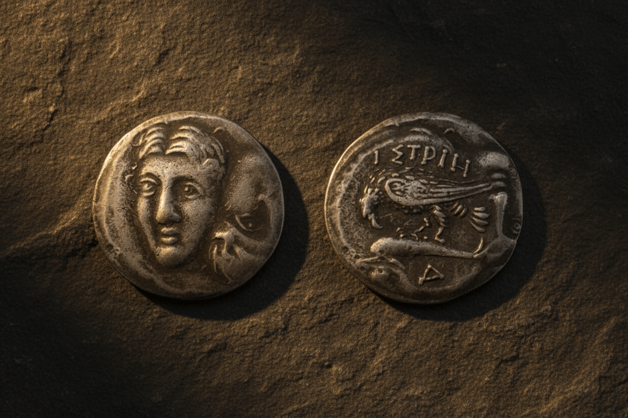 Ancient Greek Istria two-faced collectible coin both sides antique silver double portrait Dioscuri and eagle attacking dolphin design