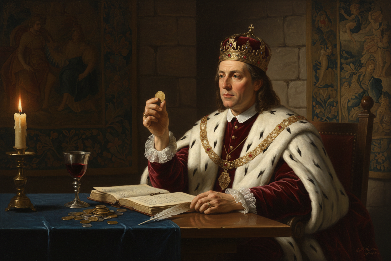 A king in royal robes examining a gold coin by candlelight — the hobby of coin collecting enjoyed by kings emperors and celebrities available at One More Coin store
