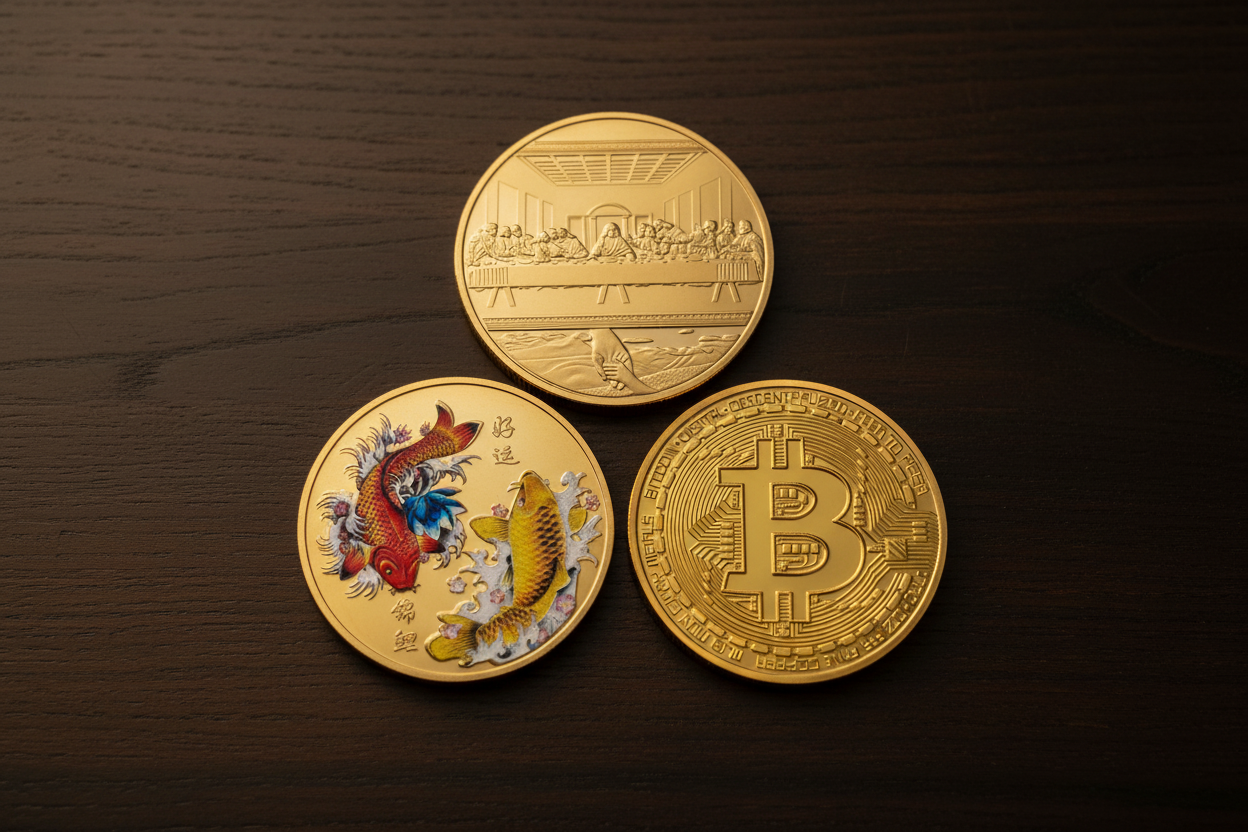 Last Supper gold coin koi fish enamel coin and Bitcoin commemorative coin collectible coin variety gift for collectors available at One More Coin store