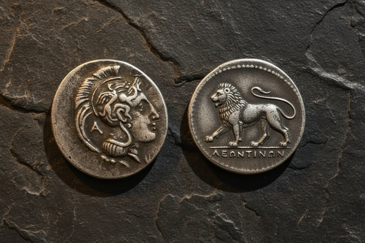 Ancient Greek Leontinoi lion collectible coin both sides antique silver helmeted warrior and walking lion design