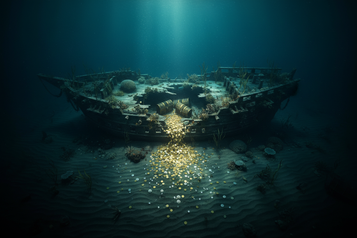 Sunken galleon on ocean floor gold silver coins spilling from hull lost treasure ships undiscovered coin hoards history