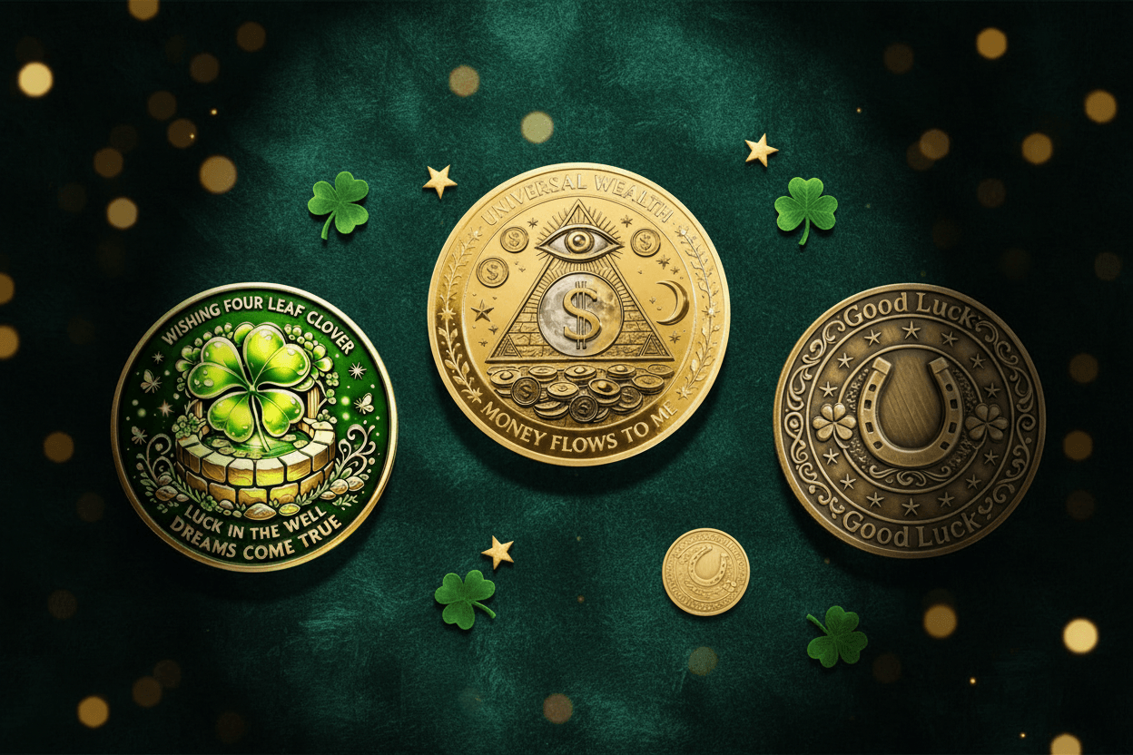 Lucky charm collectible coins gift guide flat lay with four-leaf clover wishing well horseshoe and manifestation coins on dark emerald velvet surface