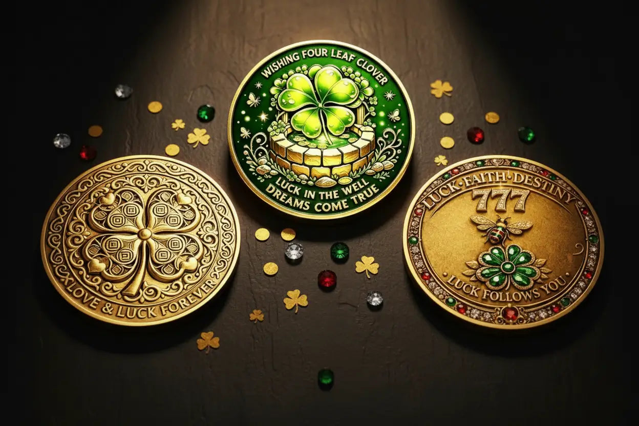 Three lucky charm collectible coins Love and Luck Forever Wishing Well and 777 Destiny on dark gold-lit surface — fortune and wealth coin gifts