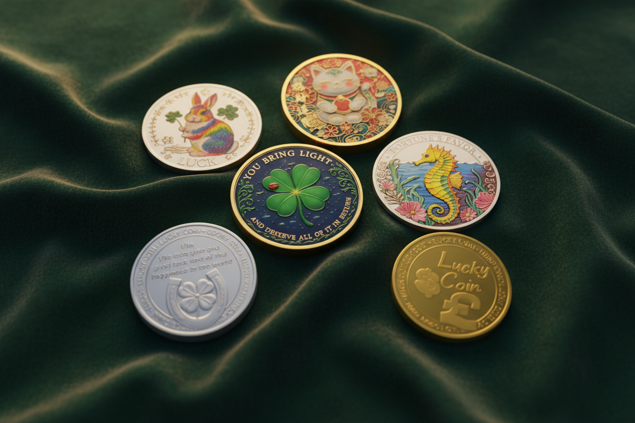 Lucky charm collectible coins gift selection including Maneki-Neko lucky cat coin koi fish clover and rainbow rabbit coins available at One More Coin store