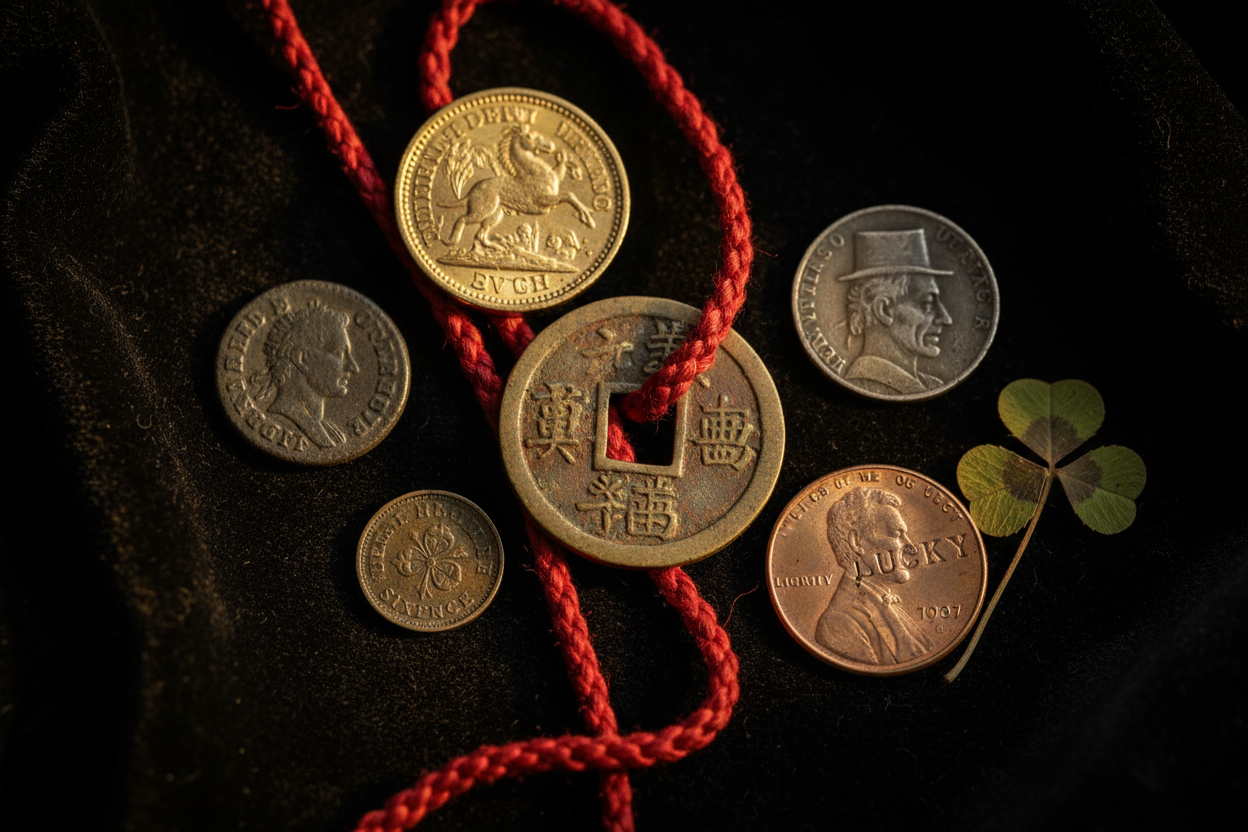 Lucky coins through history Chinese cash coin red cord Roman talisman gold sovereign bent sixpence hobo nickel lucky penny coins carried for fortune and protection