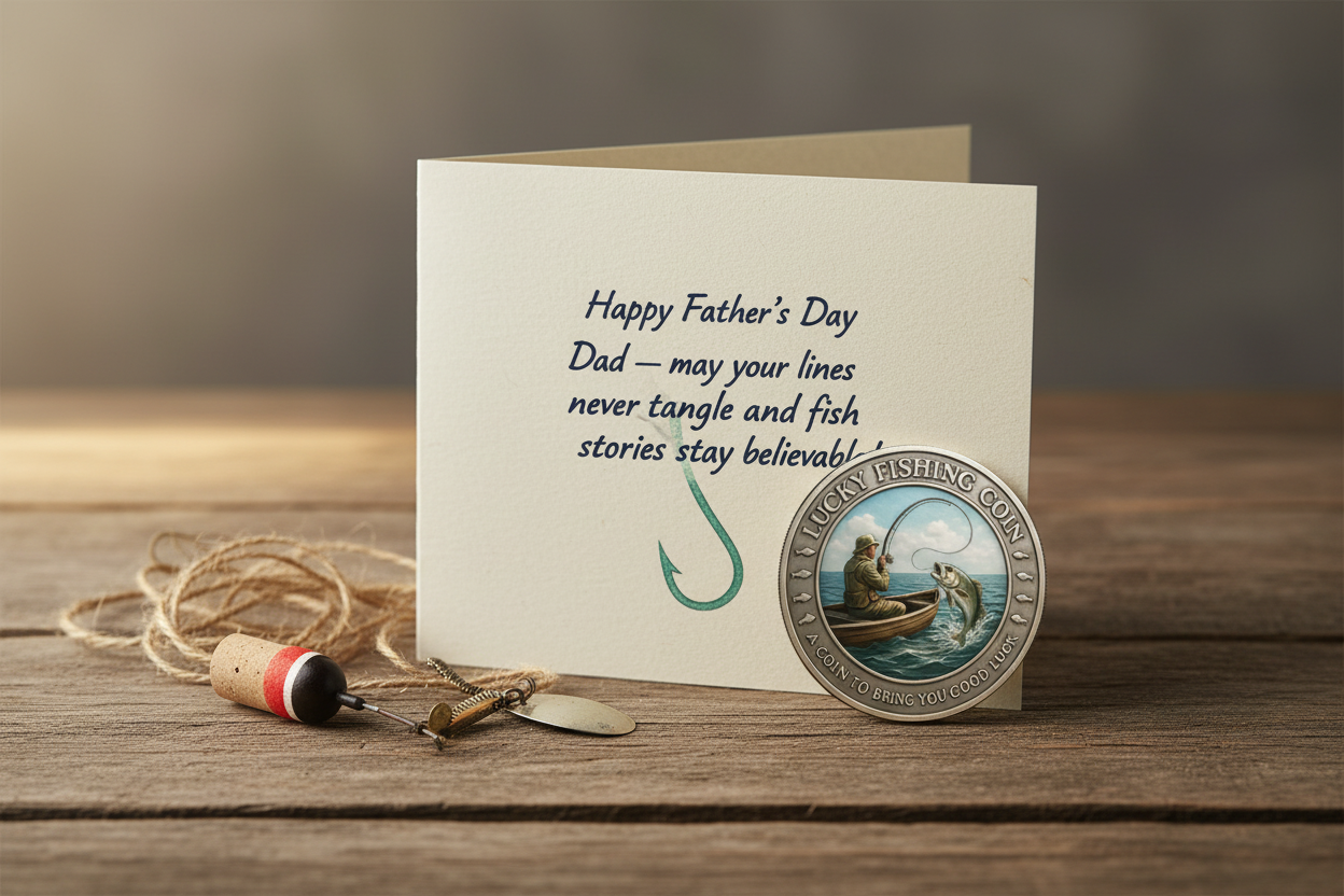 Lucky Fishing Coin Father's Day gift inside greeting card unique gift for fishing dads available at One More Coin store
