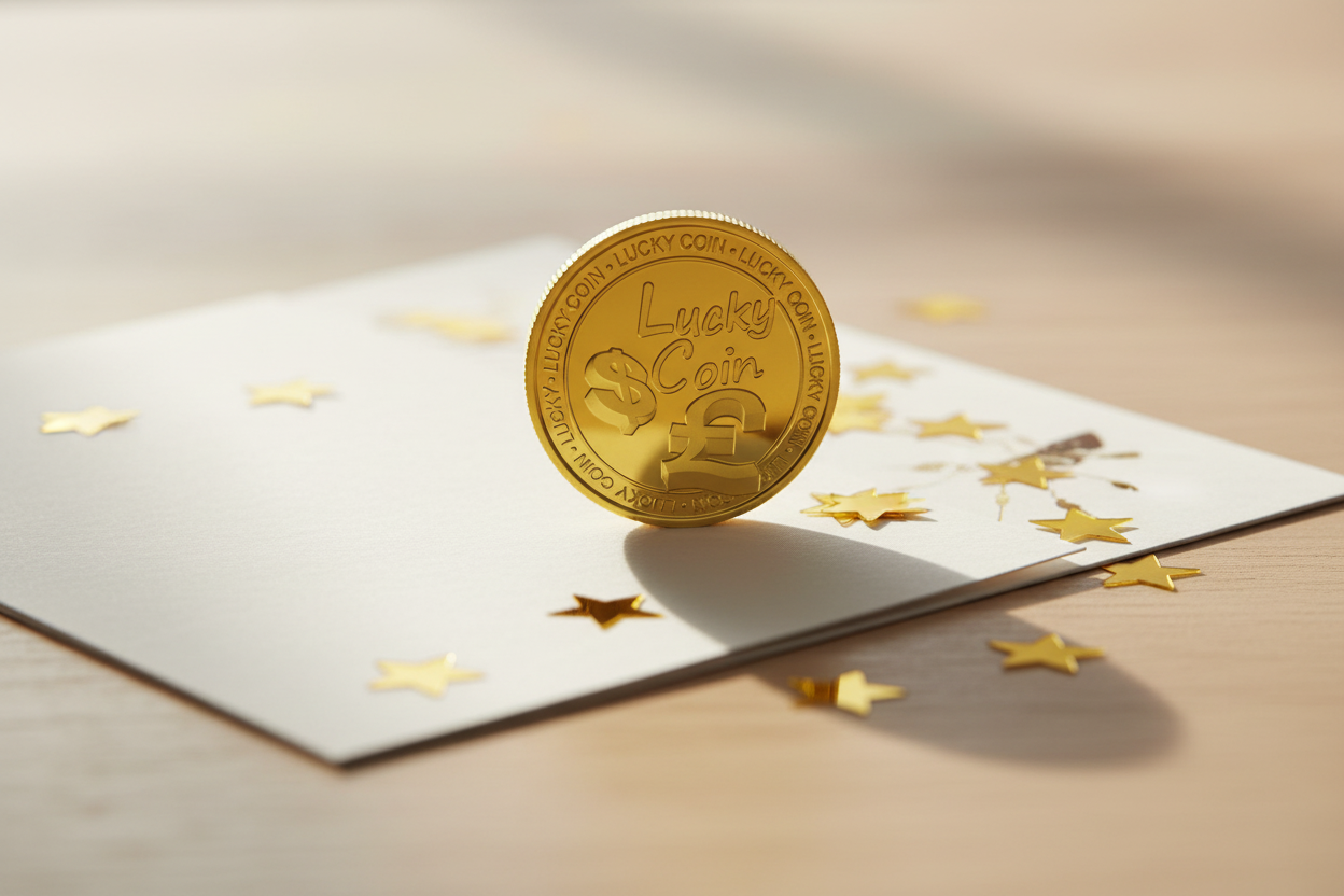 Lucky Money Coin gold good luck collectible token placed on an open greeting card — small gift that fits inside a card available at One More Coin store