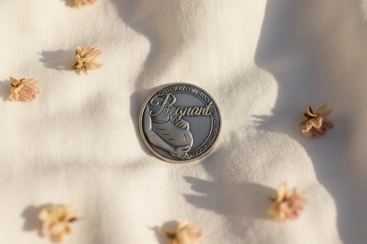 Lucky pregnancy coin antique silver keepsake gift for expectant mothers baby shower collectible