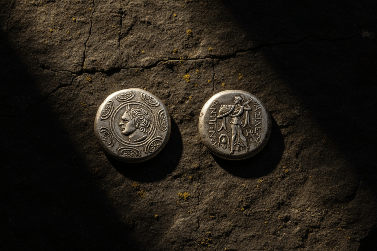 Ancient Macedonian Antigonid tetradrachm collectible coin both sides antique silver shield portrait and Athena Nike design