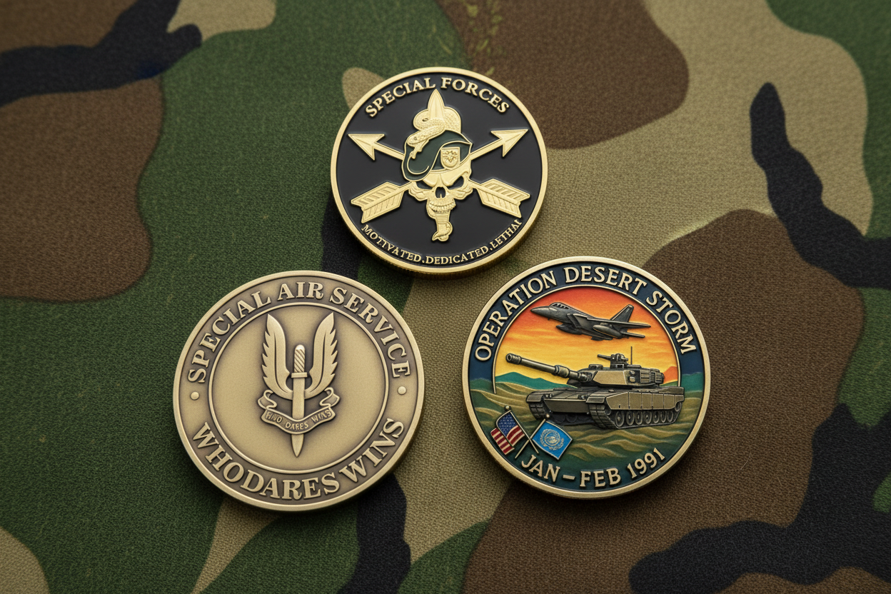 Military challenge coins featuring SAS Special Air Service, Operation Desert Storm, and US Special Forces arranged on camouflage fabric