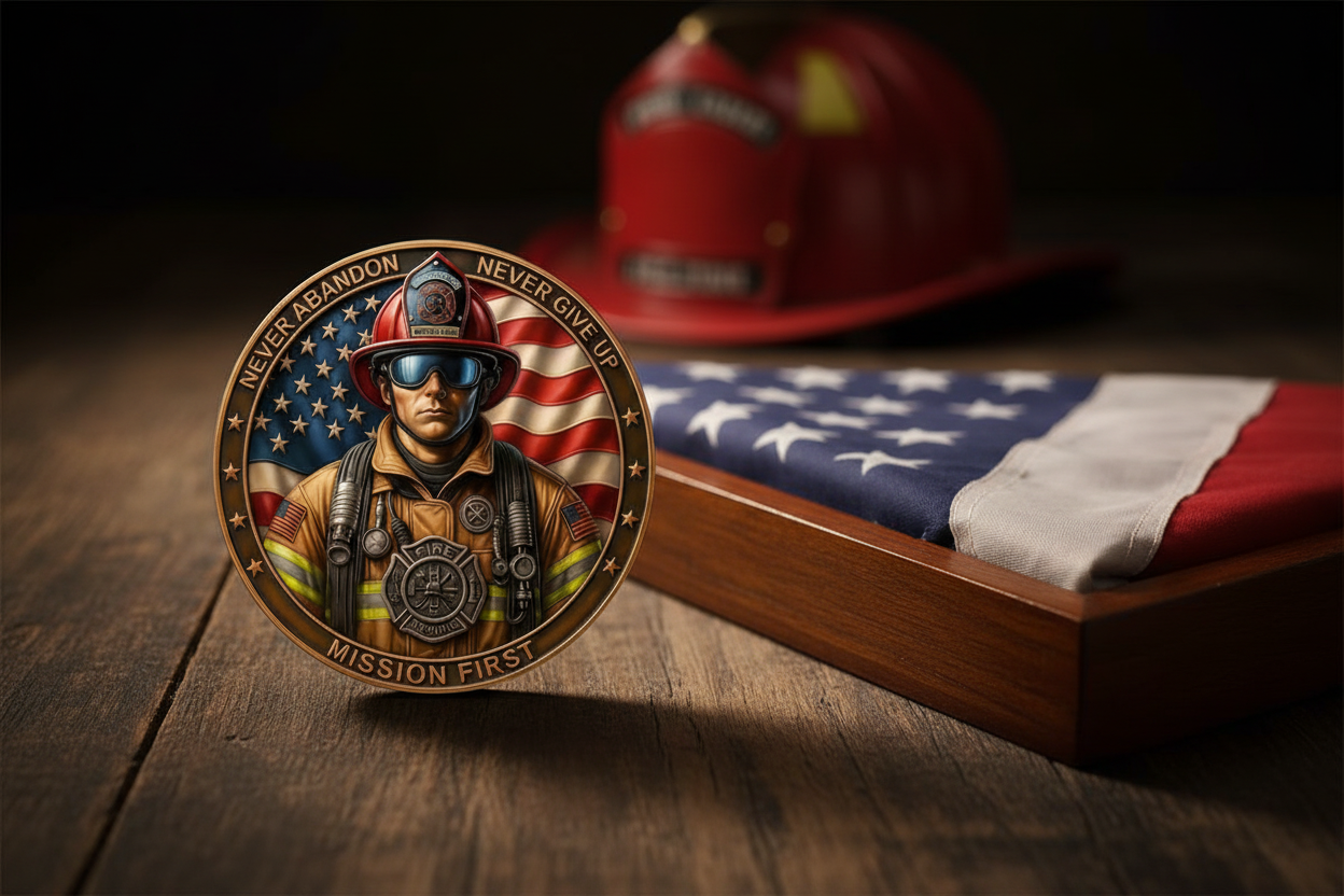 Mission First firefighter challenge coin beside a folded American flag display case — retirement gift for a firefighter available at One More Coin store