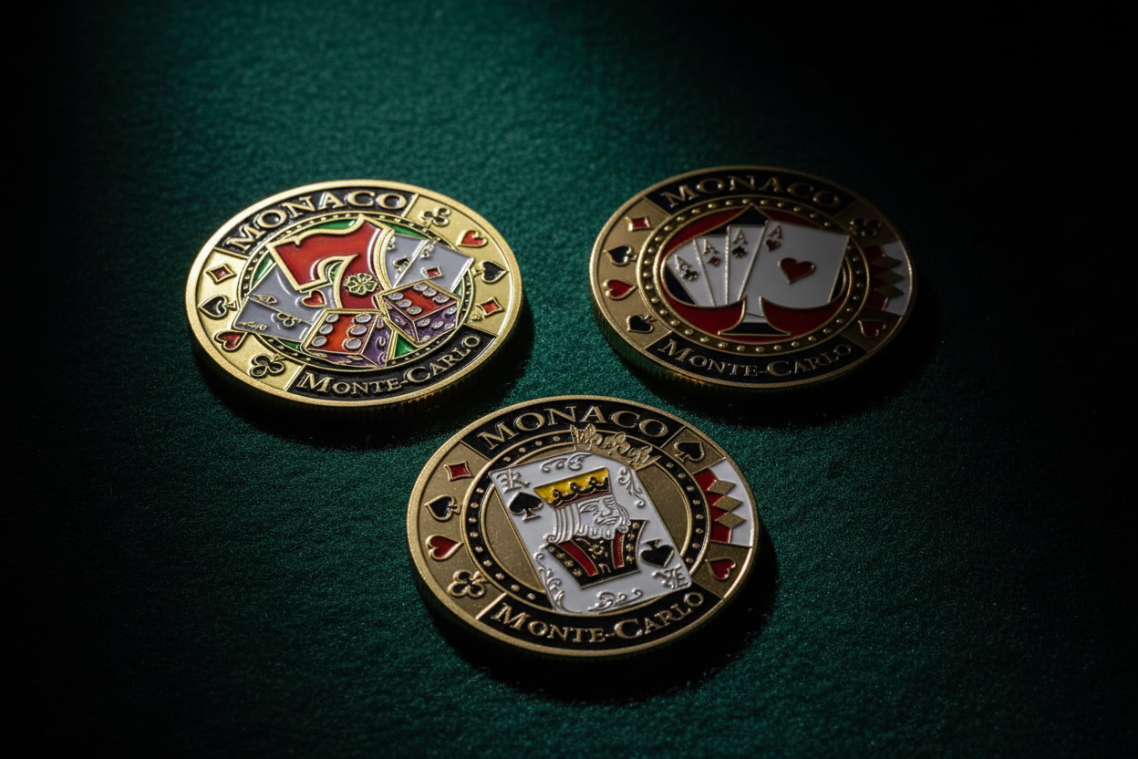 Monaco Monte Carlo poker guard coins Lucky Seven Four Aces King of Spades gaming collectible coin set available at One More Coin store