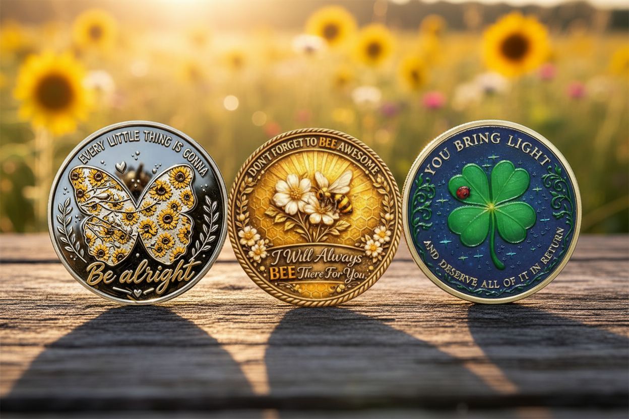 Motivational collectible coins sunflower butterfly bee and lucky clover inspirational gifts for everyday carry
