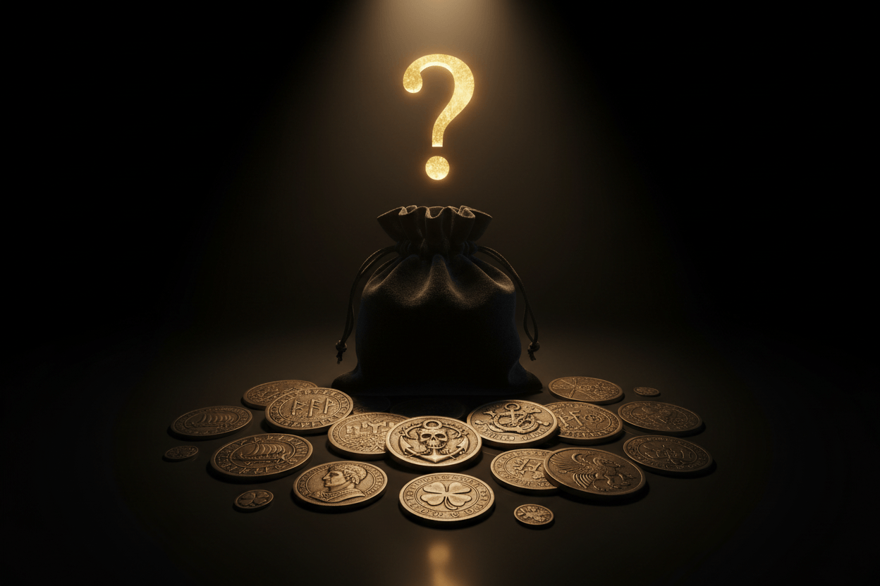 Mystery coin bundles spread of themed collectible coins with glowing question mark bag