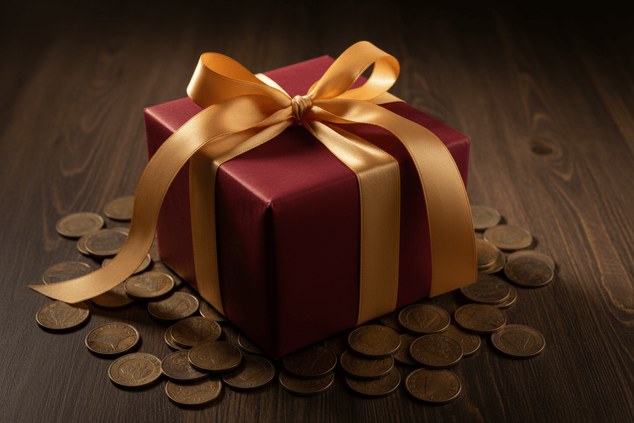 Mystery coin gift box with gold ribbon surrounded by face-down collectible coins on dark wood