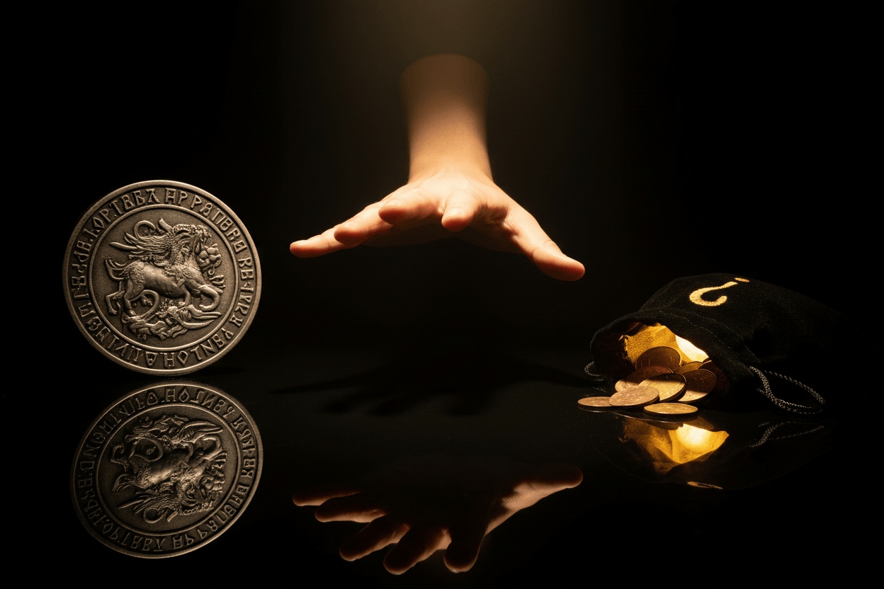 Hand hovering between a single collectible coin and a mystery coin bundle bag representing the choice between individual coins and mystery bundles available at One More Coin store
