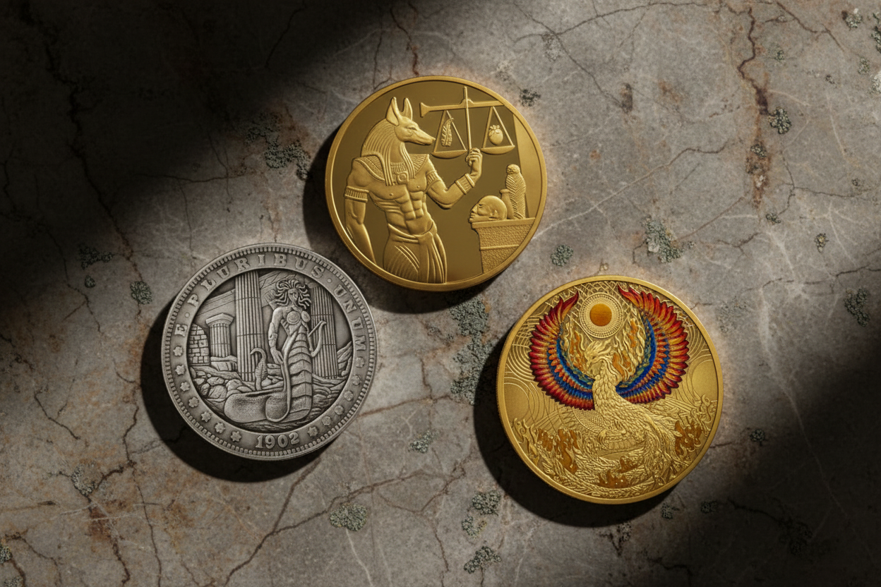 Mythology coins featuring Greek Medusa, Egyptian Anubis Sphinx, and Chinese Phoenix arranged on ancient stone