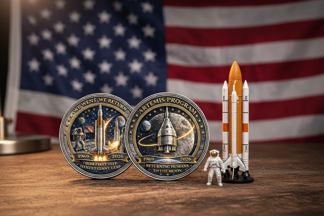 NASA Artemis Program 1969 to 2026 Moon Mission commemorative coin on wooden desk with toy rocket and astronaut figurine available at One More Coin store