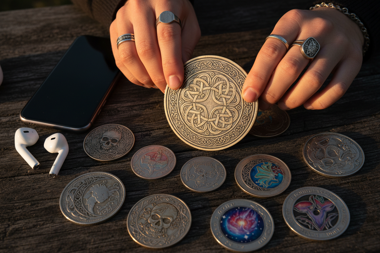 New generation coin collecting young collector hands holding art coin themed collectible coins gothic novelty picture coins modern hobby not your grandfather's hobby