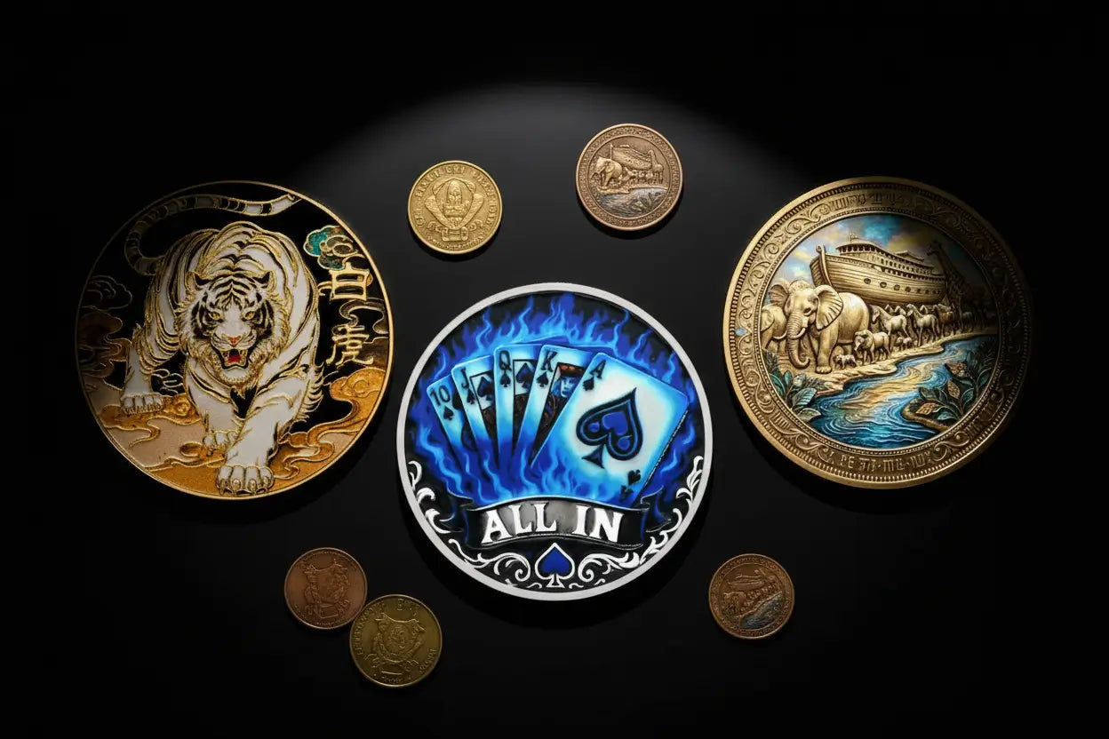 White Tiger All In poker and Noahs Ark non-minted collectible coins flat lay showcasing unique coin designs