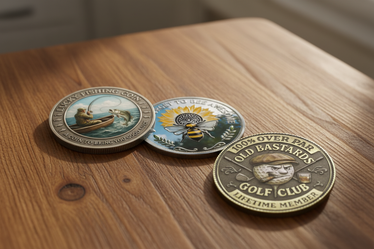 Lucky Fishing, Bee Awesome and Old Bastards Golf Club novelty collectible coins on wooden surface — unique gift coins available at One More Coin store