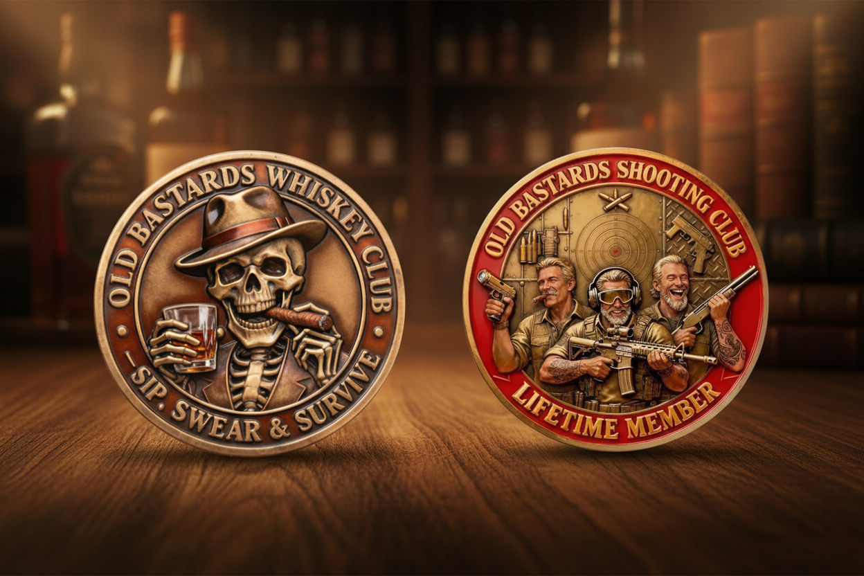  Old Bastards Whiskey Club and Shooting Club novelty collectible coins — funny gifts for men available at One More Coin store