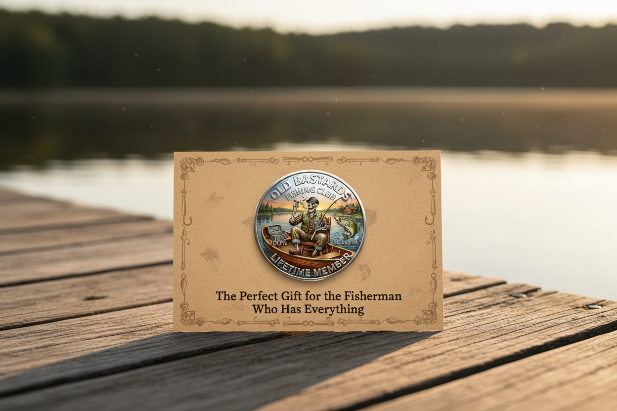 Old Bastards Fishing Club collectible coin gift for fisherman resting on rustic kraft gift card on weathered dock with lake and golden hour background