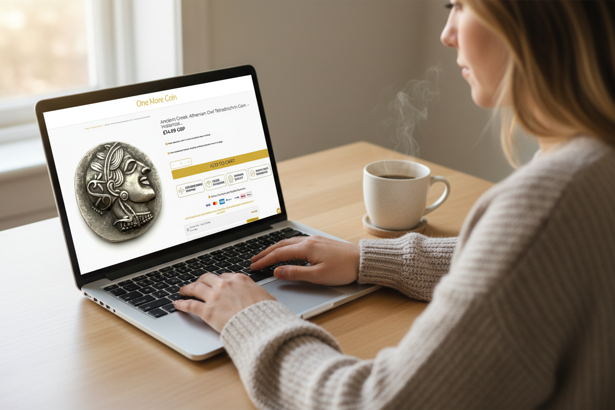 Person browsing the Ancient Greek Athenian Owl Tetradrachm coin on the One More Coin store website on a laptop — collectible coin shopping online
