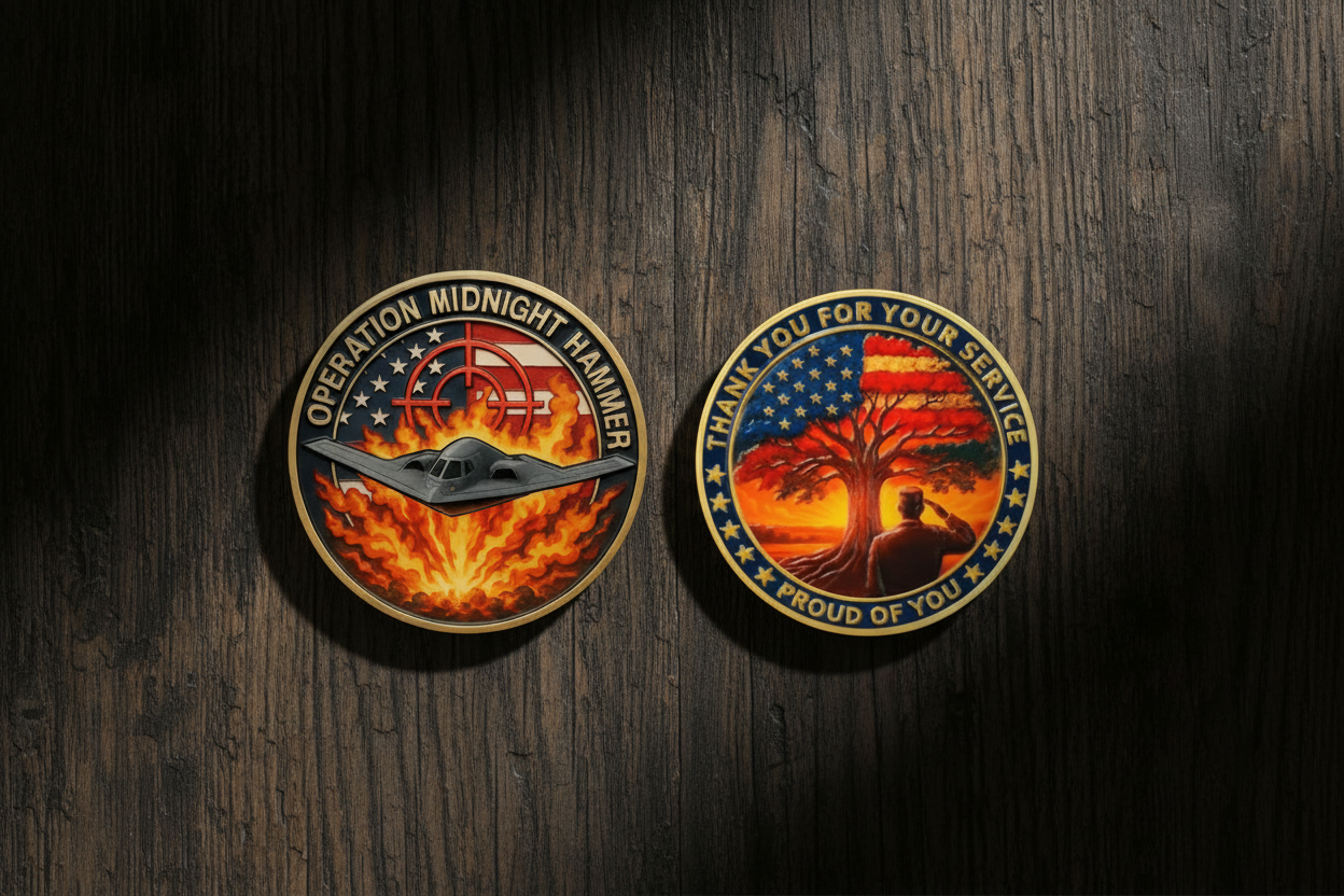 Military challenge coins collector display Operation Midnight Hammer B-2 Spirit coin