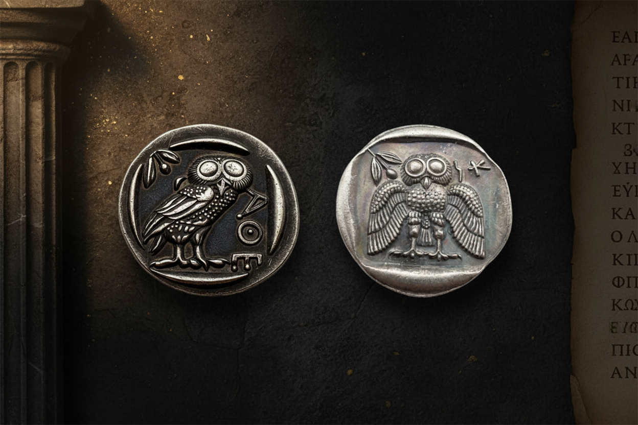 Owl of Athena ancient Greek collectible coin antique silver finish — Athenian tetradrachm replica for collectors available at One More Coin store