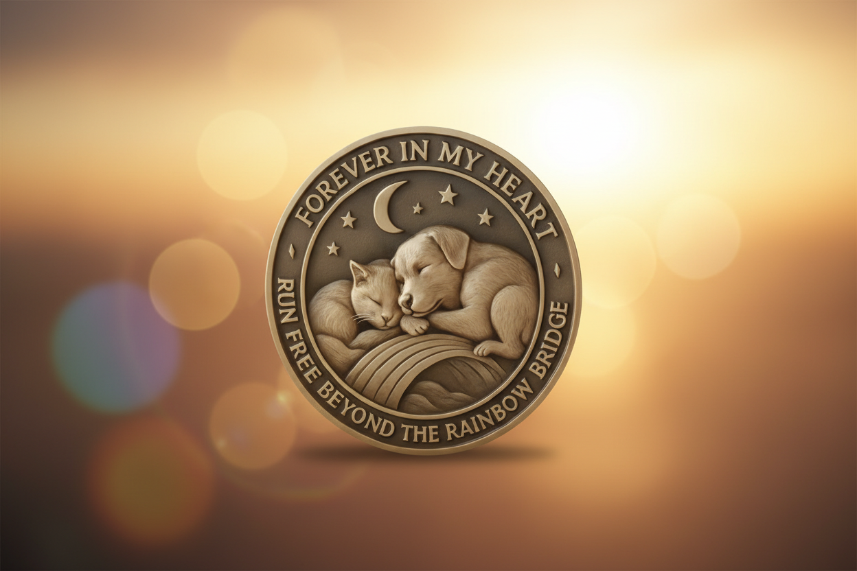 Pet memorial coin with cat and dog sleeping on a rainbow — Forever in My Heart keepsake gift available at One More Coin store