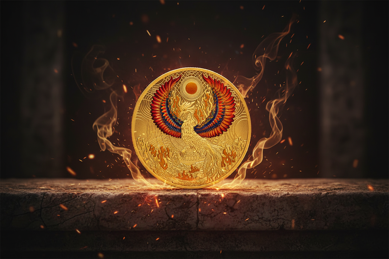 Gold phoenix coin with enamel wings rising from flames mythology collectible coin available at One More Coin store