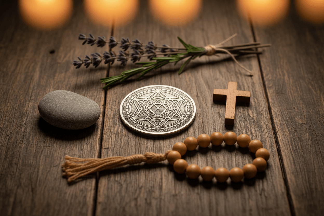 Symbolic objects for intention-setting — collectible coin, cross, prayer beads and dried herbs arranged on dark wood with candlelight