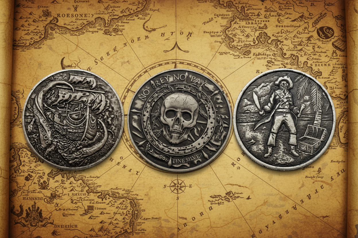 Pirate collectible coins including kraken ship attack skull and treasure chest designs arranged on vintage nautical map pirate coin collection gift for collectors available at One More Coin store