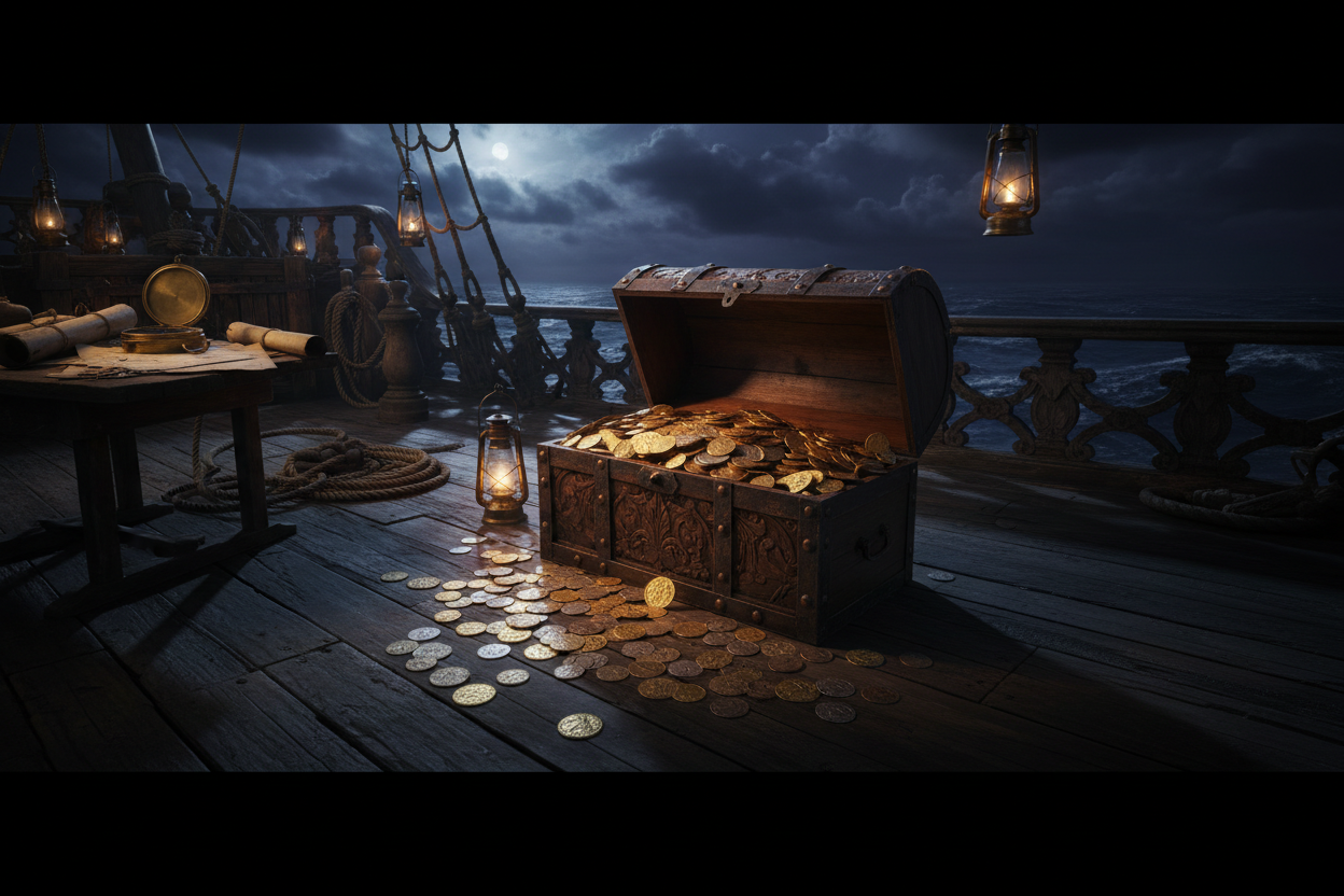 Pirate coins gold and silver Pieces of Eight doubloons spilling from treasure chest on ship deck Golden Age of Piracy collectible coins
