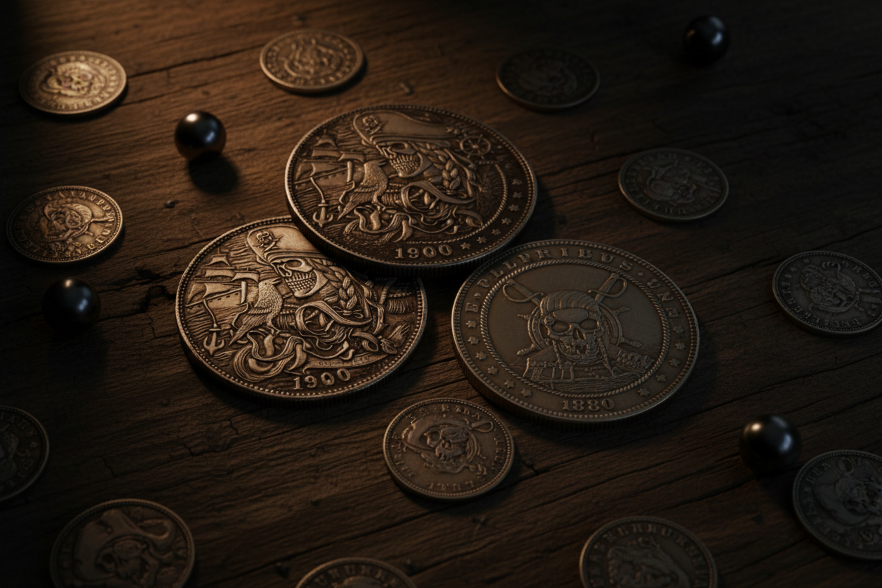 Pirate skull hobo nickel collectible coins antique silver Morgan dollar style with crossed swords treasure and captain designs available at One More Coin store