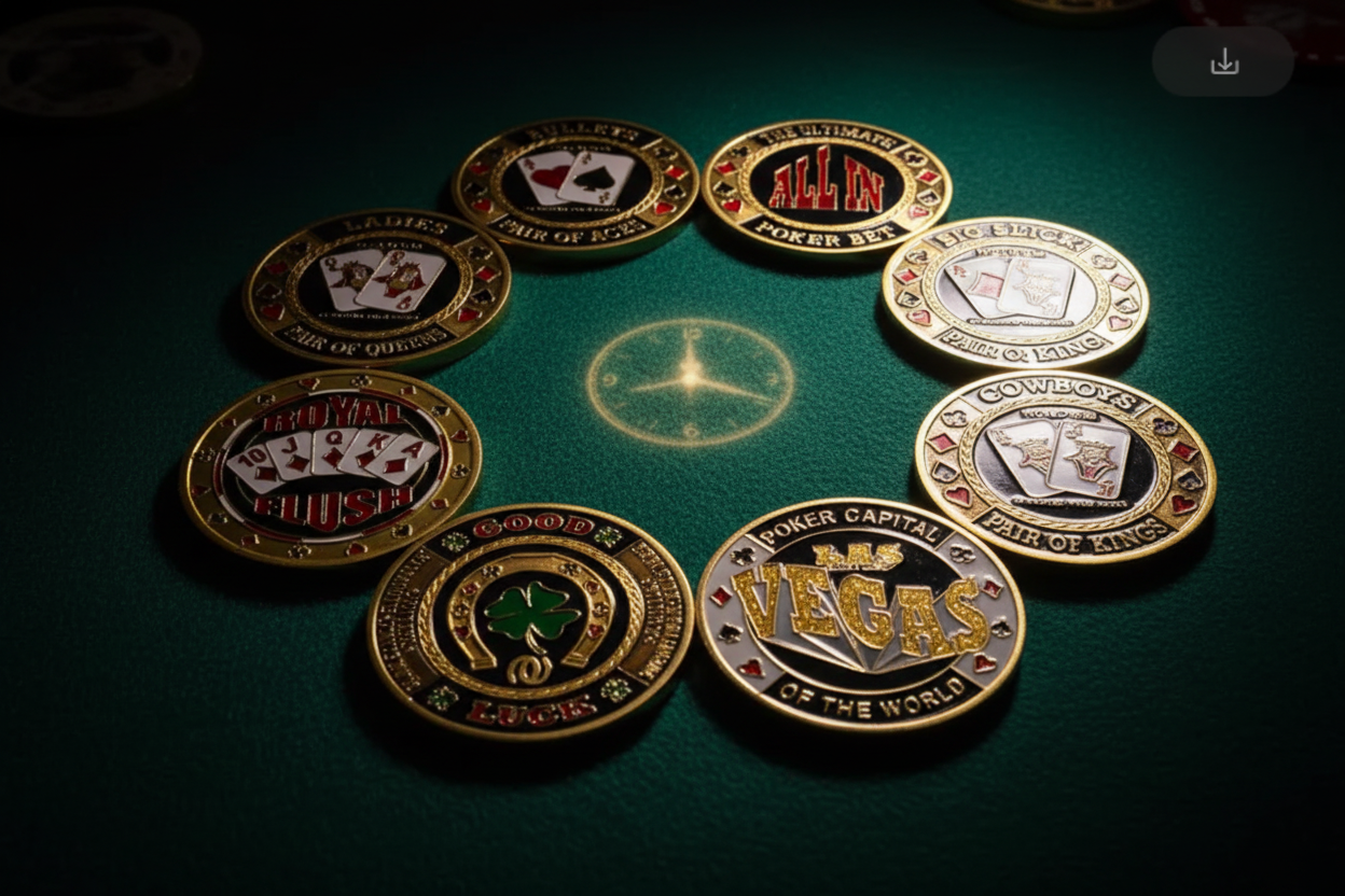 Collection of gold poker card guard coins arranged on green casino felt table available at One More Coin store