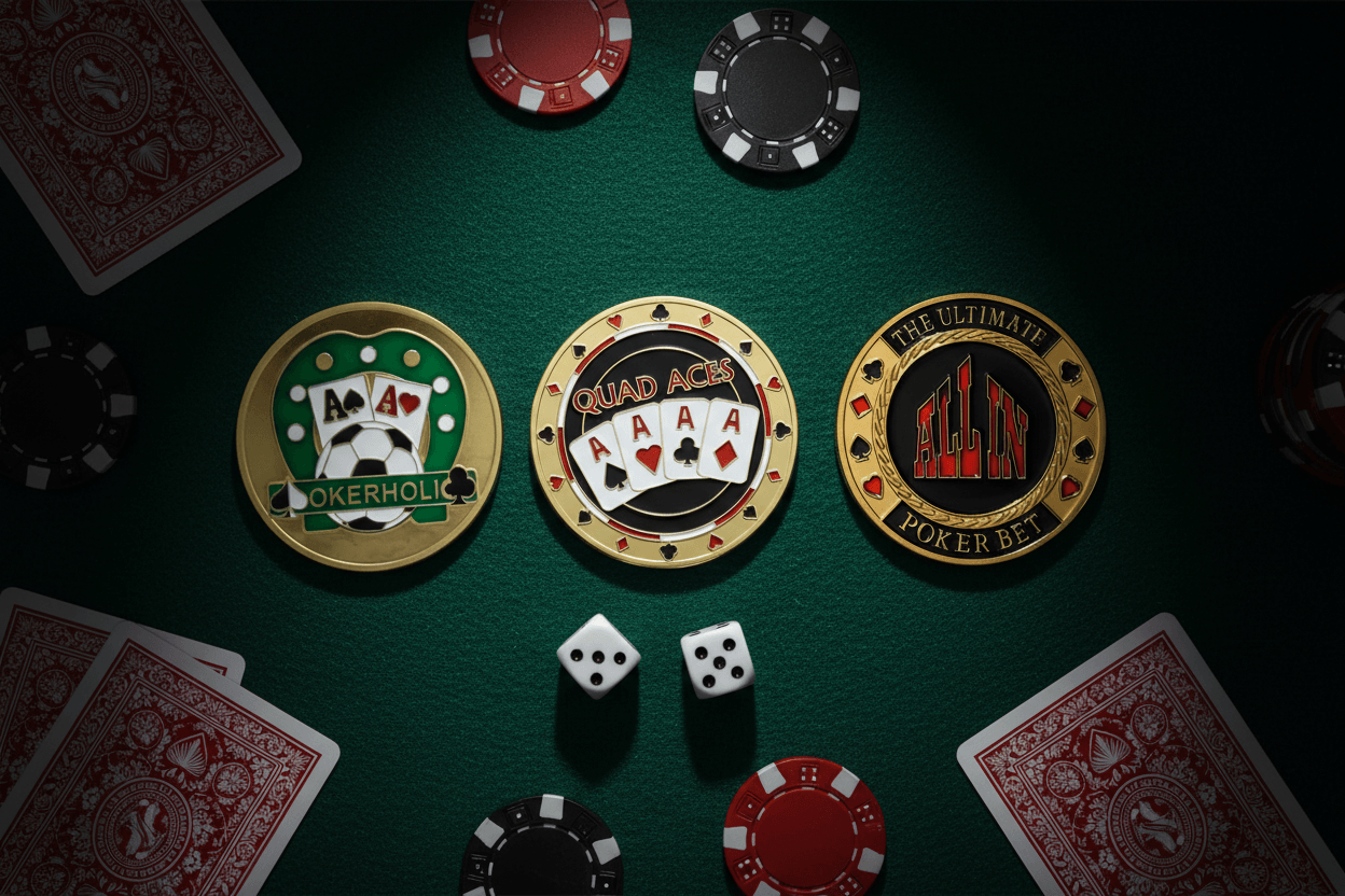 Poker card guard collectible coins gift guide flat lay with Pokerholic Quad Aces and All In coins on dark green poker felt surface