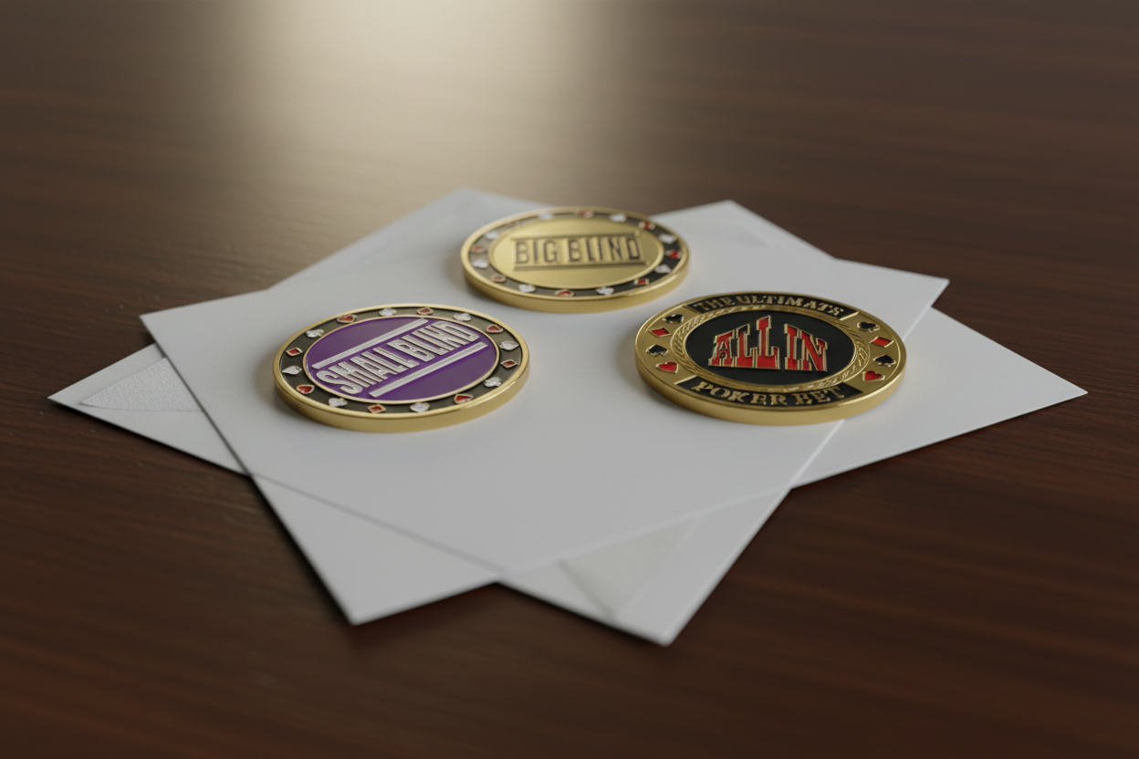Small Blind Big Blind and All In poker card guard coins laid on a gift card available at One More Coin store