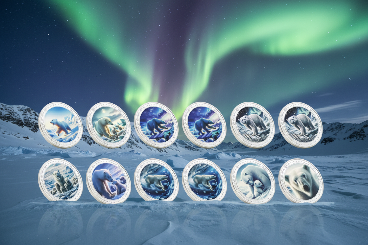 Polar bear arctic wildlife collectible coin set 12 designs aurora borealis available at One More Coin store