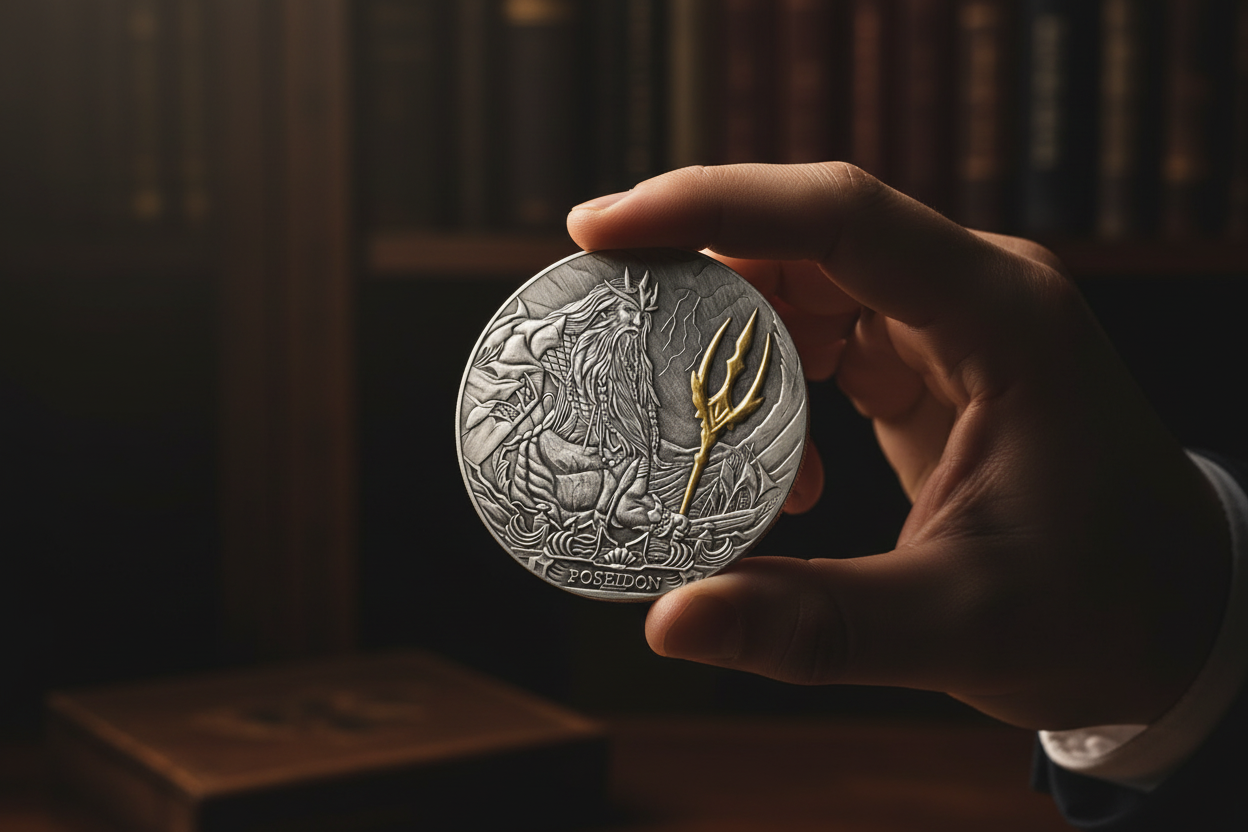 Poseidon Greek god antique silver collectible coin with gold trident held in hand available at One More Coin store