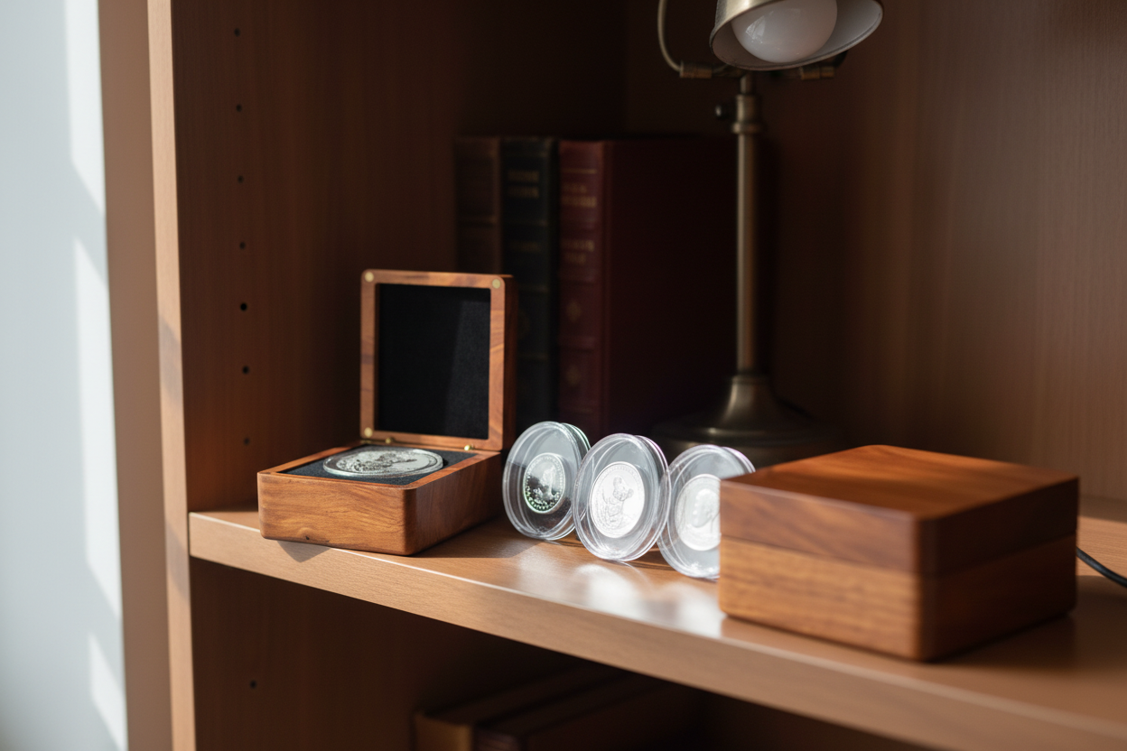Wooden coin display box and storage capsules on shelf for collectors