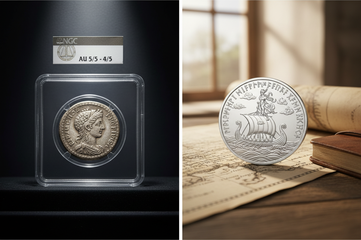 rare coin in grading slab compared to commemorative coin on wooden desk showing collecting approaches