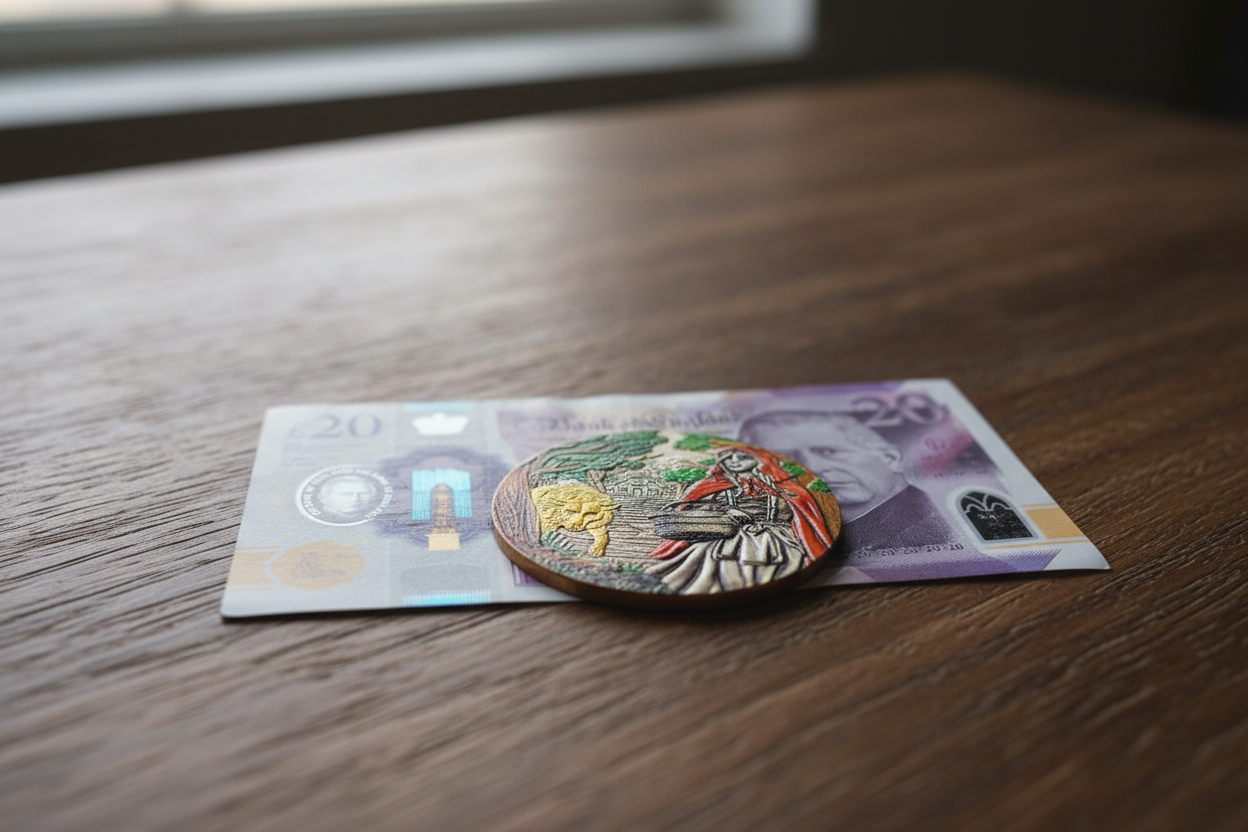 Red Riding Hood collectible coin resting on a £20 Bank of England banknote laid flat on a wooden table available at One More Coin store