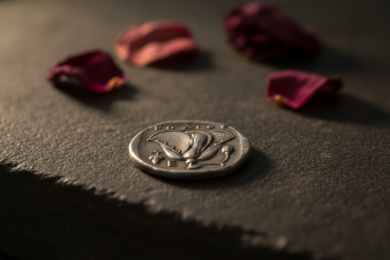 Rhodes Helios Rose ancient Greek collectible coin rose side displayed on dark stone surface