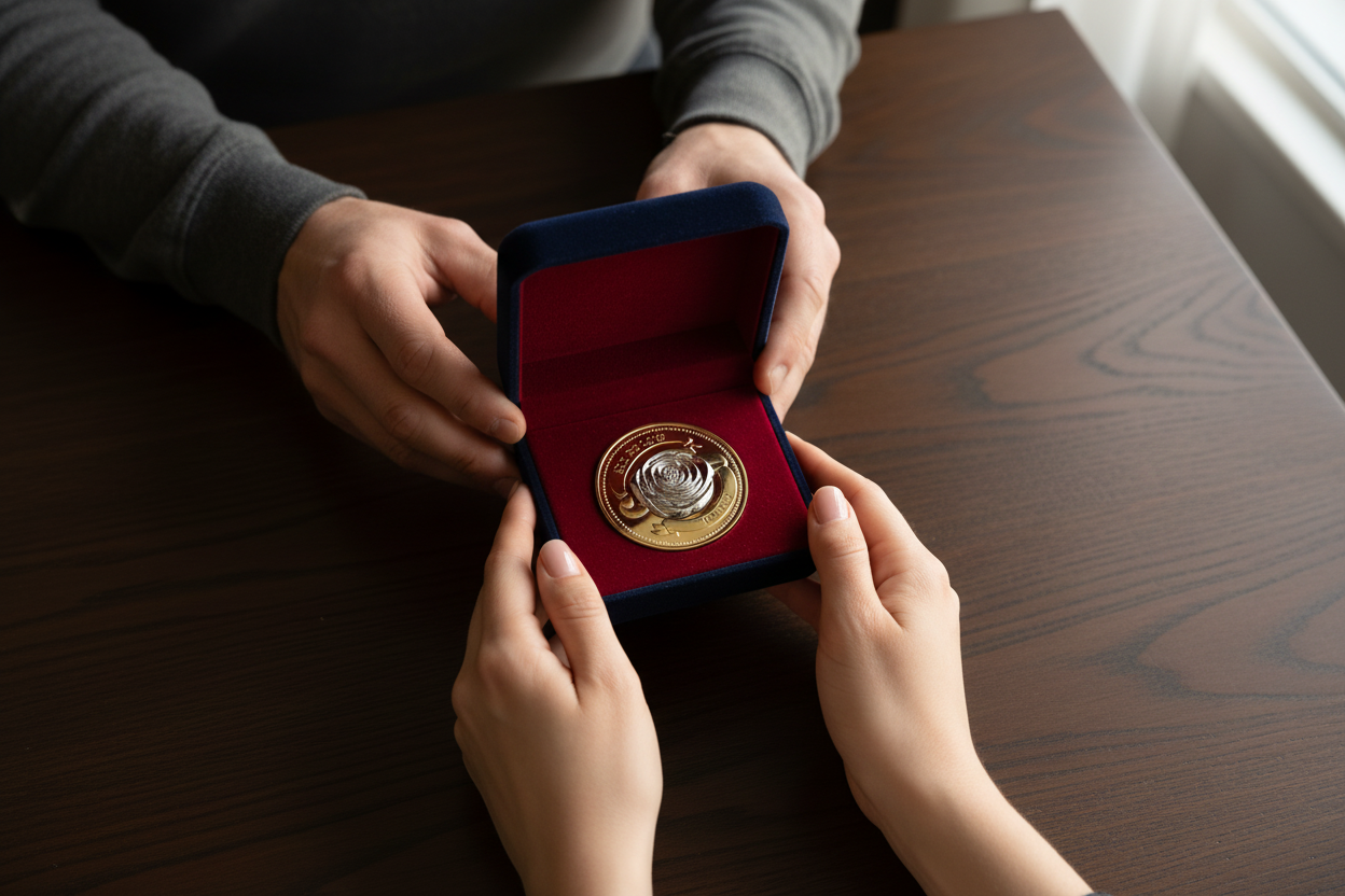 Romantic coin gift being presented to woman in gift box