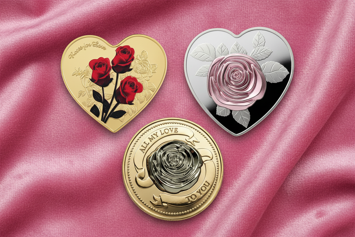 Romantic love coins featuring heart rose, I Love You, and All My Love designs arranged on soft pink velvet