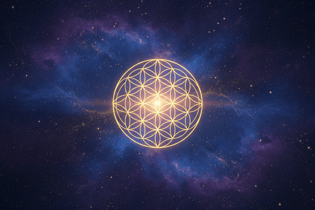 the Flower of Life glowing in gold over a deep blue/purple cosmic nebula.