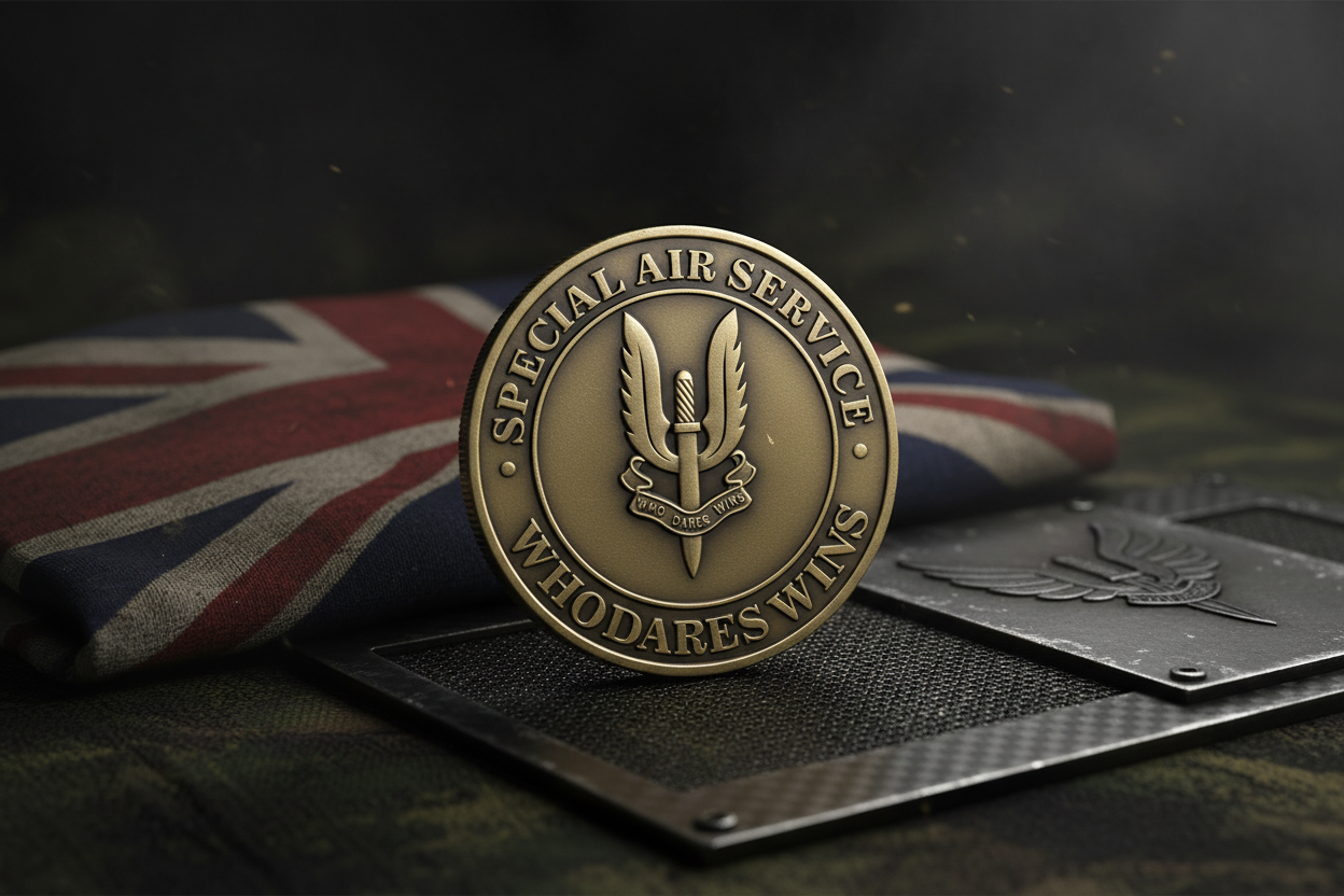 SAS Special Air Service Challenge Coin featuring Who Dares Wins motto and winged dagger emblem on military background
