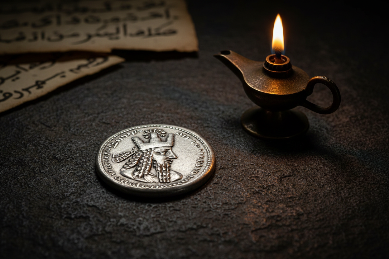 Sasanian Persian fire altar coin showing bearded king in profile with elaborate crown — ancient Persian collectible coin available at One More Coin store